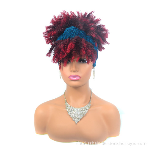 Wholesale Black Kinky Cruly With Colorful Scarf And Bangs Short Heat Resistant Afro Synthetic Hair Headband Wigs For women